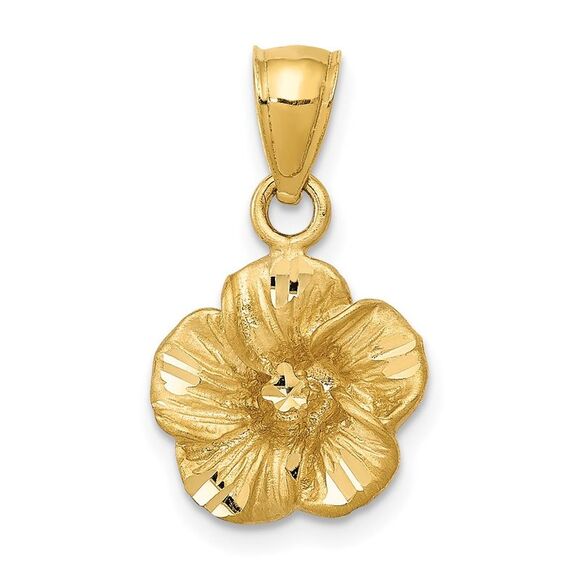 14k Yellow Gold 3D Satin & Diamond Cut Hibiscus Pendant 12mm